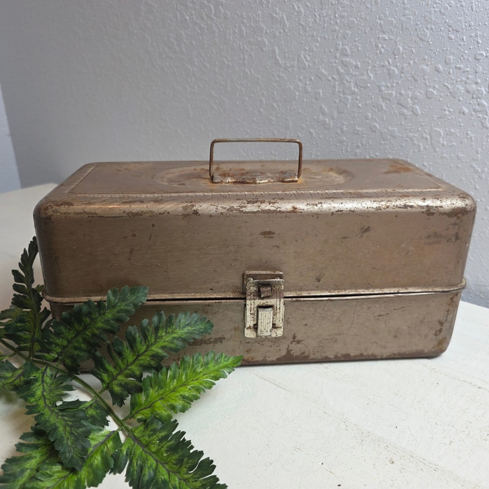 Vintage Metal Tackle Box Silver Industrial Patina Embossed Ruler Lid Rusty Flaws